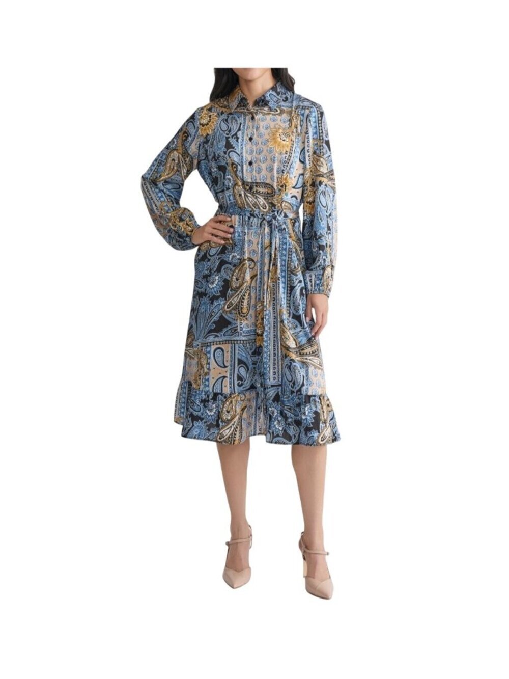 NWT Jones New York Paisley Tie-Waist Shirtdress Blue Lagoon Small MSRP $140